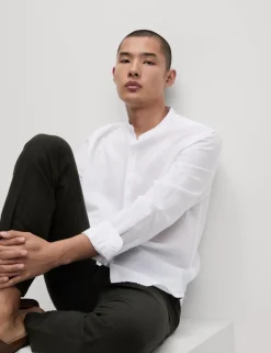 Cotton Linen Blend Grandad Collar Shirt
