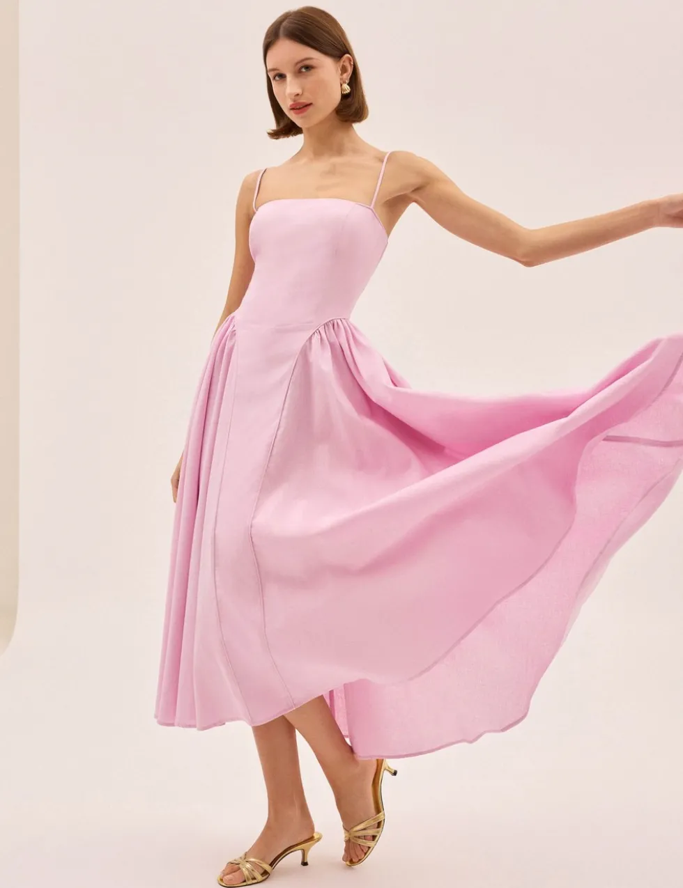 Cotton Linen Blend Square Neck Midi Dress