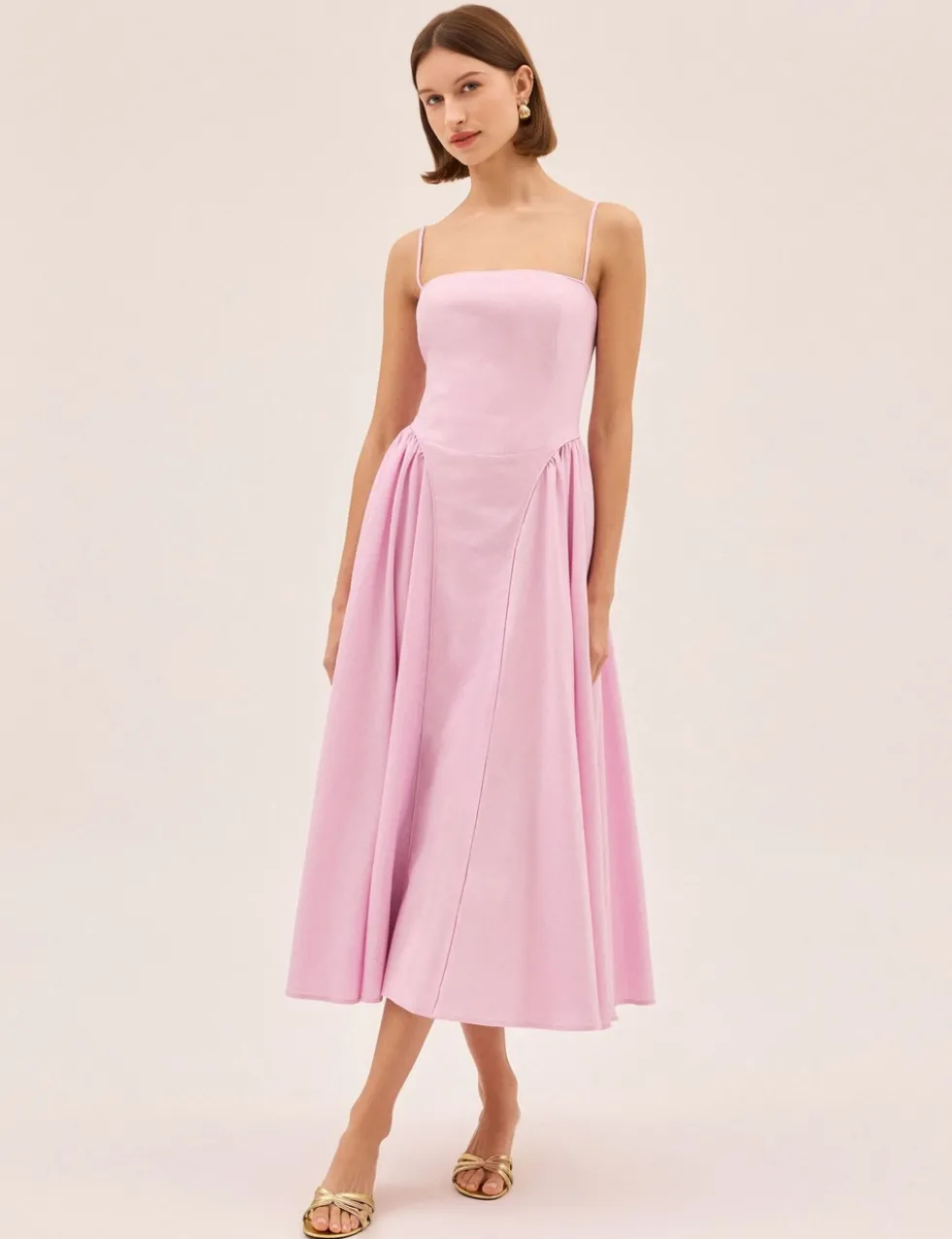 Cotton Linen Blend Square Neck Midi Dress