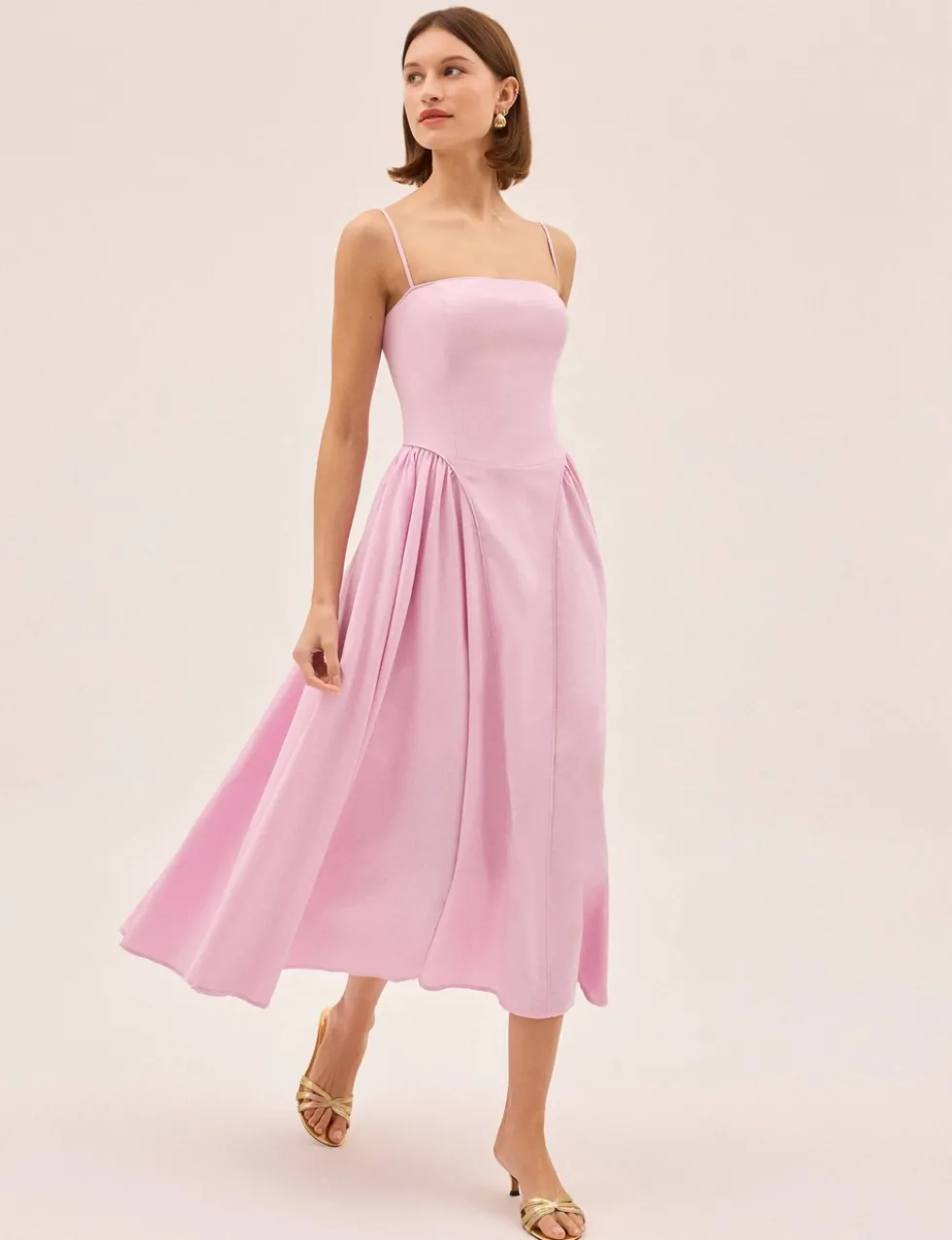 Cotton Linen Blend Square Neck Midi Dress