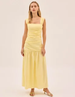 Cotton Linen Blend Square Neck Midaxi Dress