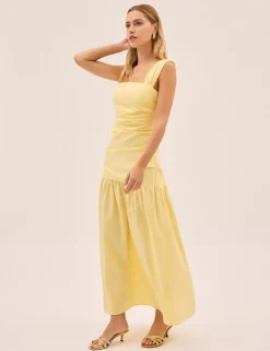 Cotton Linen Blend Square Neck Midaxi Dress