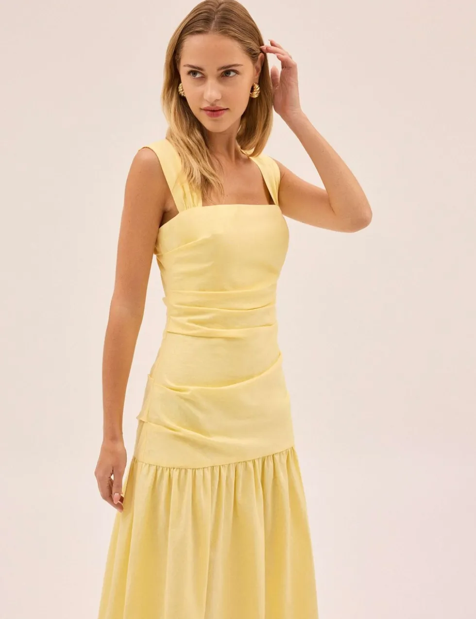 Cotton Linen Blend Square Neck Midaxi Dress