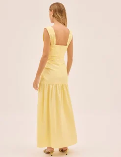 Cotton Linen Blend Square Neck Midaxi Dress