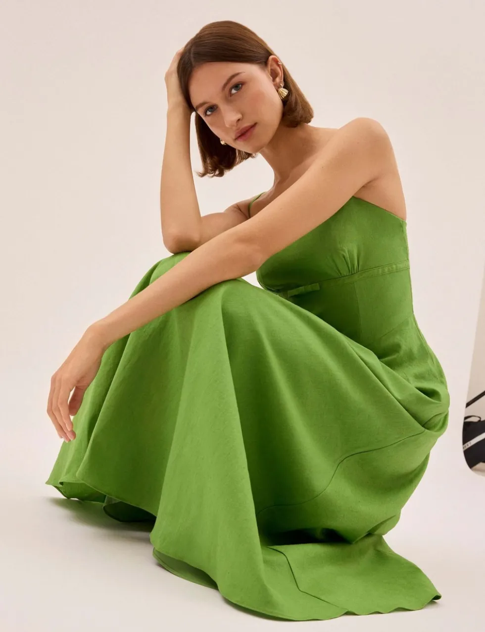 Cotton Linen Blend Square Neck Midi Dress