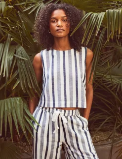 Cotton Linen Blend Striped Crew Neck Top