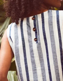 Cotton Linen Blend Striped Crew Neck Top