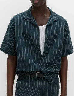 Cotton Linen Blend Striped Short Sleeve Shirt