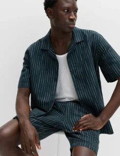 Cotton Linen Blend Striped Short Sleeve Shirt