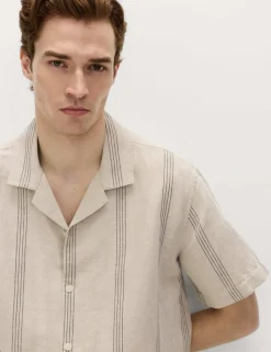 Cotton Linen Blend Striped Short Sleeve Shirt
