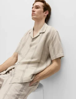 Cotton Linen Blend Striped Short Sleeve Shirt