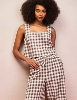 Cotton Linen Gingham Square Neck Vest Top