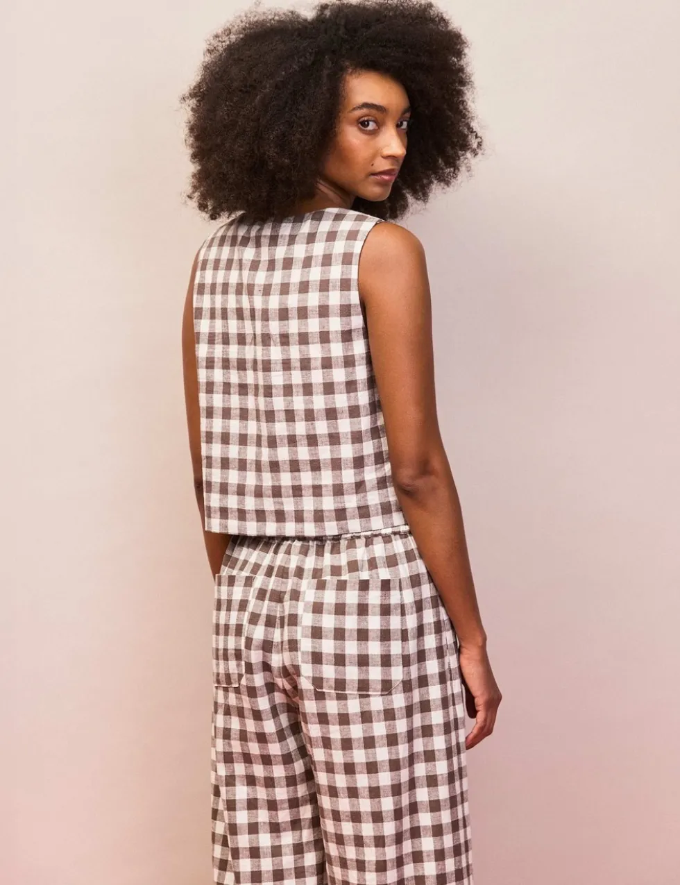 Cotton Linen Gingham Square Neck Vest Top