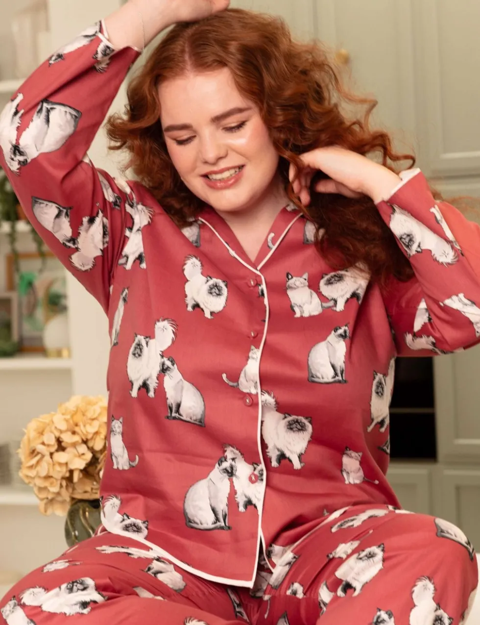 Cotton Modal Cat Print Revere Pyjama Top