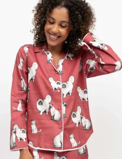 Cotton Modal Cat Print Revere Pyjama Top