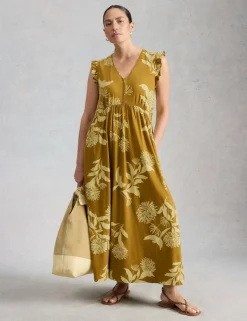 Cotton Modal Floral V-Neck Maxi Waisted Dress