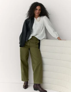 Cotton Pleat Front Barrel Leg Trousers