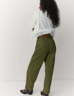 Cotton Pleat Front Barrel Leg Trousers
