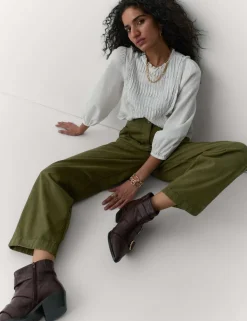 Cotton Pleat Front Barrel Leg Trousers