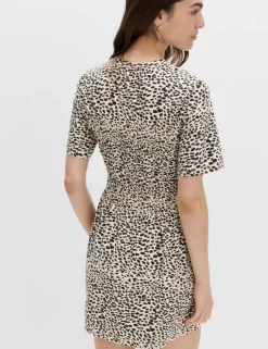 Cotton Rich Animal Print Shirred Mini T-Shirt Dress