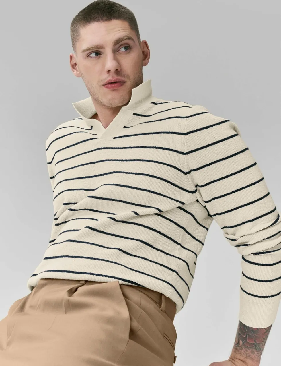 Cotton Rich Bouclé Striped Open Neck Jumper