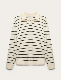 Cotton Rich Bouclé Striped Open Neck Jumper