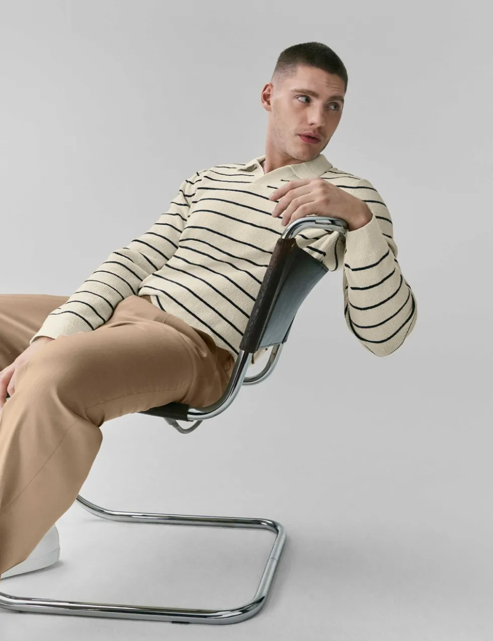 Cotton Rich Bouclé Striped Open Neck Jumper
