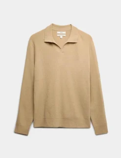 Cotton Rich Boucle Open Neck Knitted Polo Shirt