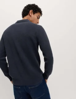 Cotton Rich Boucle Open Neck Knitted Polo Shirt