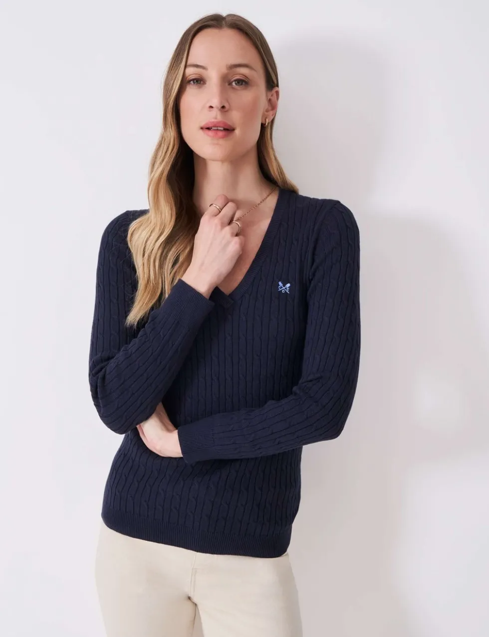Cotton Rich Cable Knit V-Neck Jumper