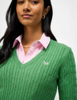 Cotton Rich Cable Knit V-Neck Jumper