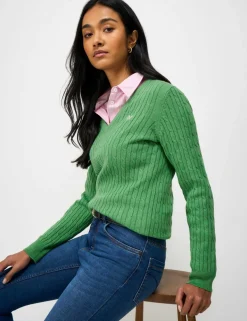 Cotton Rich Cable Knit V-Neck Jumper