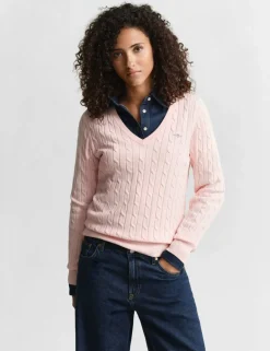 Cotton Rich Cable Knit V-Neck Jumper