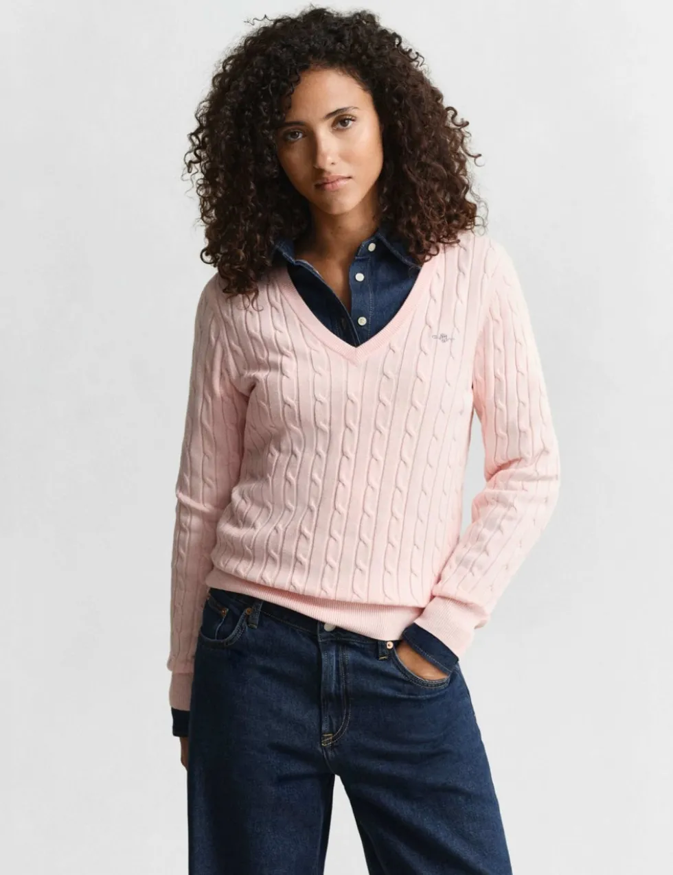Cotton Rich Cable Knit V-Neck Jumper
