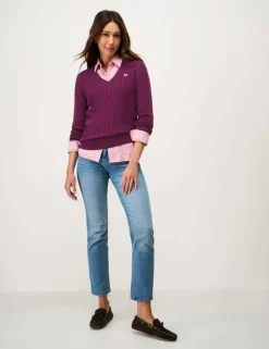 Cotton Rich Cable Knit V-Neck Jumper