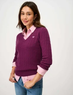 Cotton Rich Cable Knit V-Neck Jumper