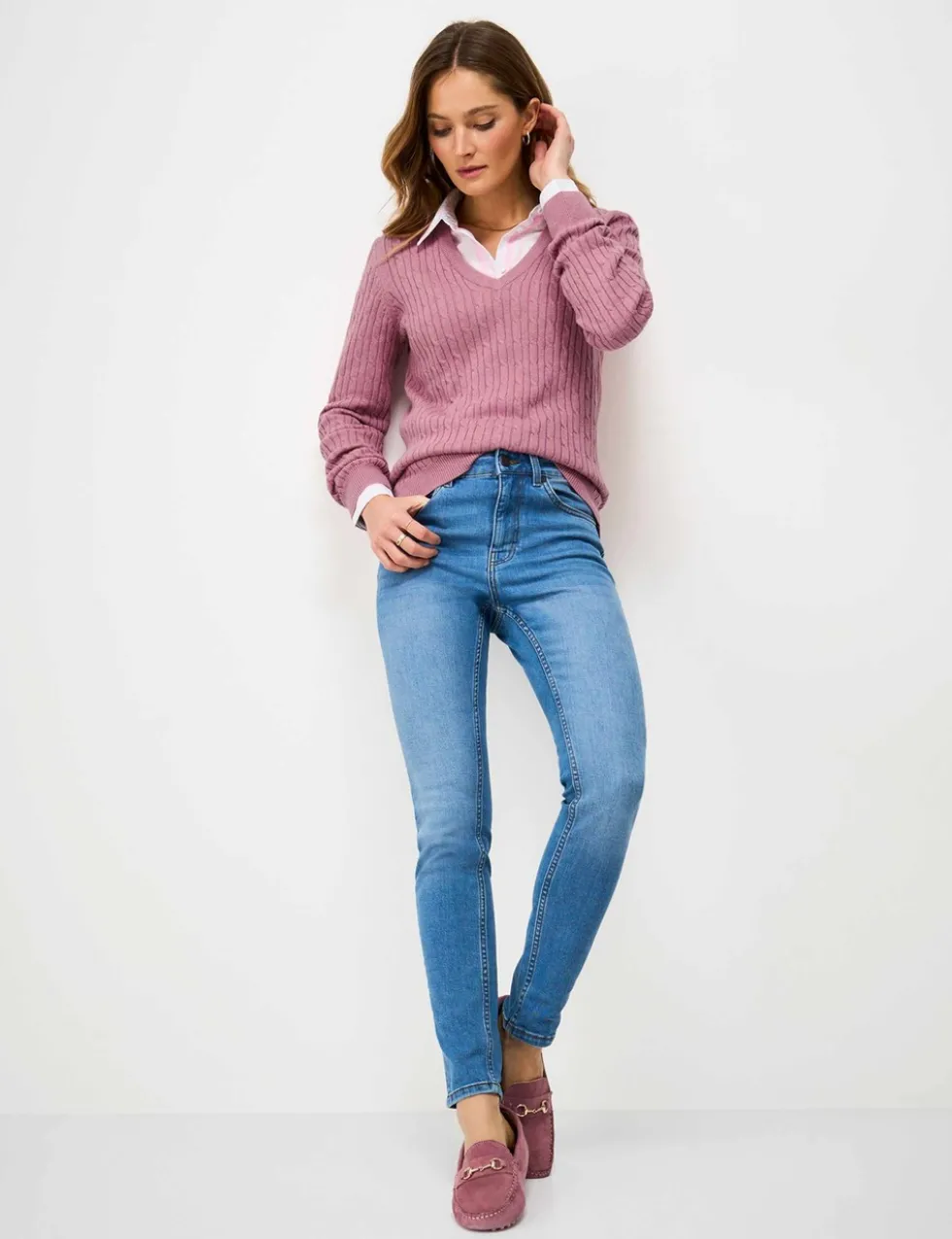 Cotton Rich Cable Knit V-Neck Jumper