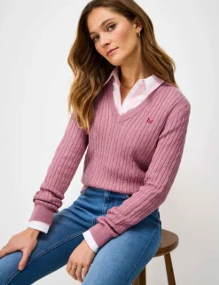 Cotton Rich Cable Knit V-Neck Jumper