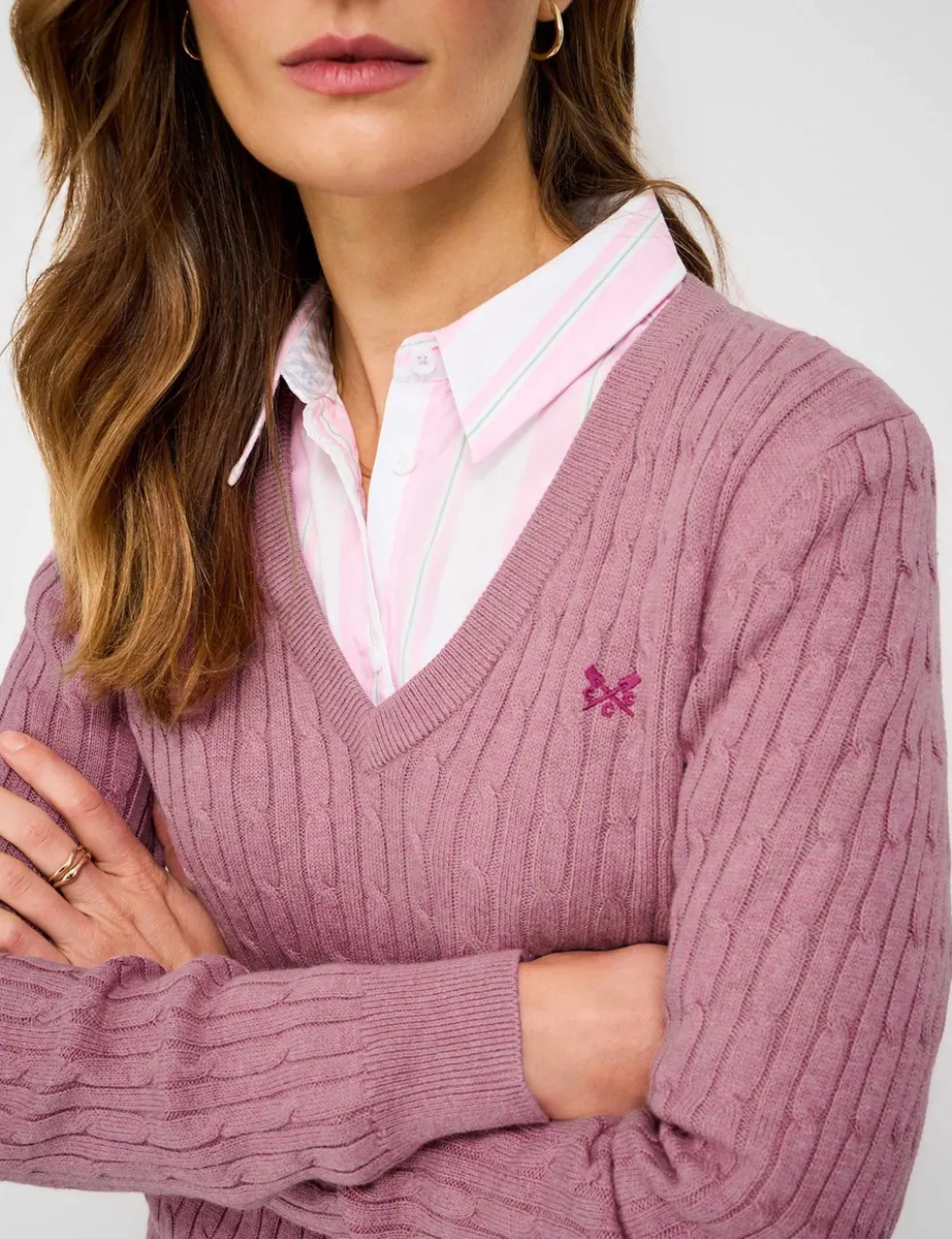 Cotton Rich Cable Knit V-Neck Jumper
