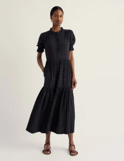 Cotton Rich Checked High Neck Midi Tiered Dress