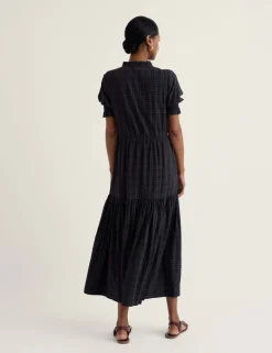 Cotton Rich Checked High Neck Midi Tiered Dress