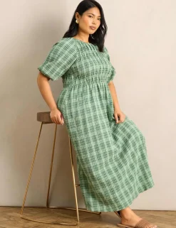 Cotton Rich Checked Maxi Shirred Dress