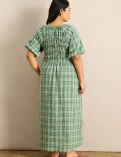 Cotton Rich Checked Maxi Shirred Dress