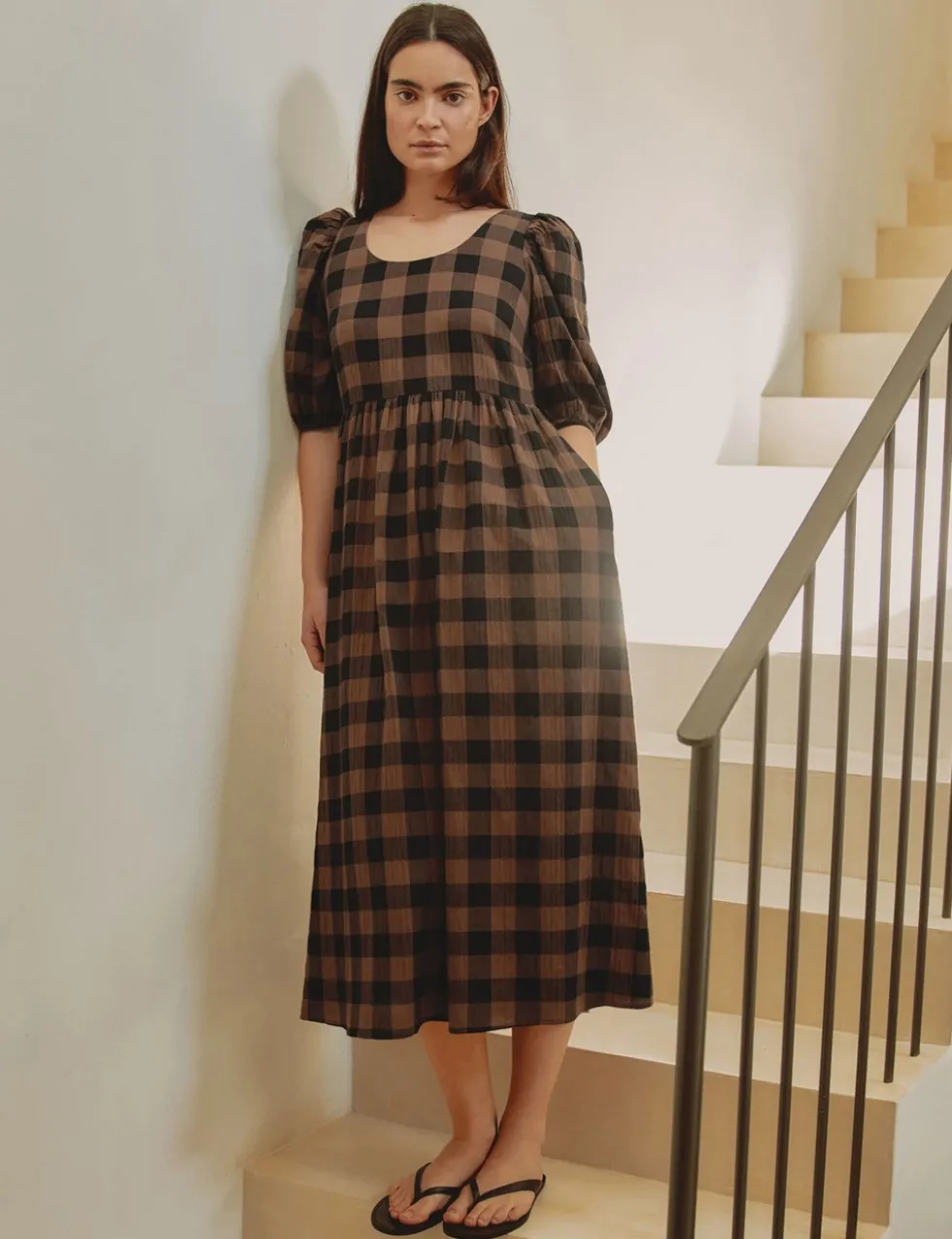 Cotton Rich Checked Midi Waisted Dress