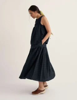 Cotton Rich Checked Midi A-Line Tiered Skirt