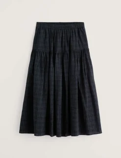 Cotton Rich Checked Midi A-Line Tiered Skirt