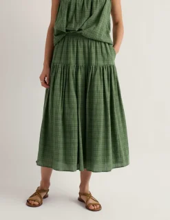 Cotton Rich Checked Midi A-Line Tiered Skirt