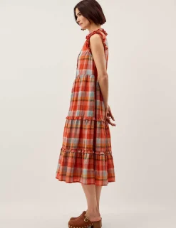 Cotton Rich Checked Notch Neck Midi Dress