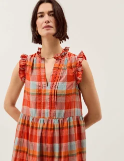Cotton Rich Checked Notch Neck Midi Dress