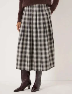 Cotton Rich Checked Pleated Midi Skirt